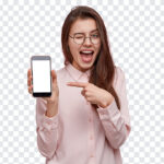 Girl Pointing at Mobile PNG, Girl Pointing at Mobile, Girl Pointing, Blank Mobile, Mobile, Girl and Mobile PNG,