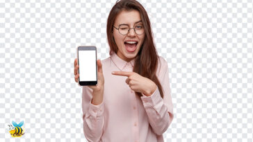 Girl Pointing at Mobile PNG, Girl Pointing at Mobile, Girl Pointing, Blank Mobile, Mobile, Girl and Mobile PNG,