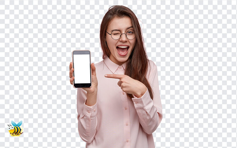 Girl Pointing at Mobile PNG, Girl Pointing at Mobile, Girl Pointing, Blank Mobile, Mobile, Girl and Mobile PNG,