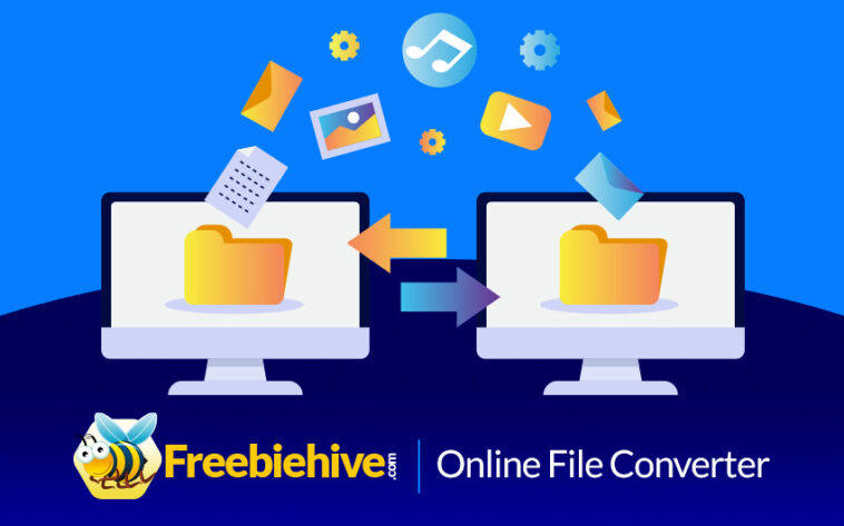 Icons representing popular file conversion types, including PDF to Word, JPEG to PNG, MP3 to WAV, MP4 to AVI, and more, demonstrating the versatility of FreebieHive's Online File Converter.