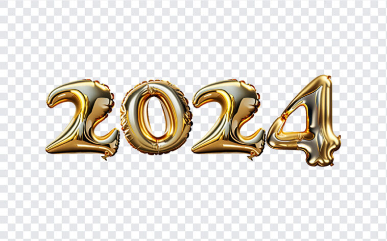 Premium PSD  Gold foil balloon with the year 2024 on it.