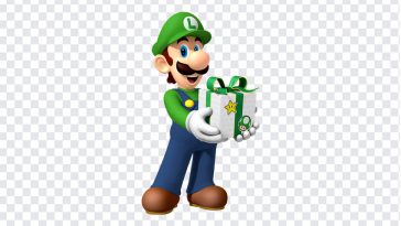 Luigi with a Gift, Luigi with a Gift PNG, Luigi, Mario Brothers, Super Mario, PNG, PNG Images, Transparent Files, png free, png file, Free PNG, png download,