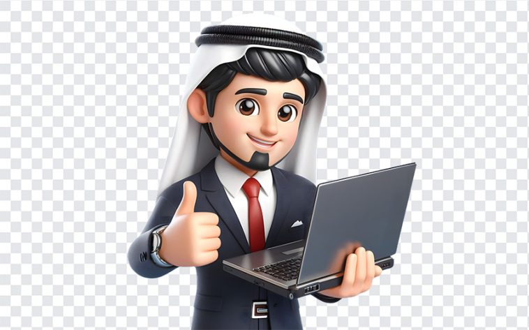 Arabic Cartoon Character with Laptop, Arabic Cartoon Character with Laptop PNG, Arabic Cartoon Character, Arabic Character, Arabic, Muslim, PNG, PNG Images, Transparent Files, png free, png file, Free PNG, png download,