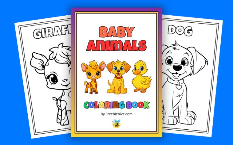 Cute baby animal coloring book PDF cover featuring hand-drawn baby animals like a bunny, kitten, and elephant with playful backgrounds, perfect for kids and toddlers.