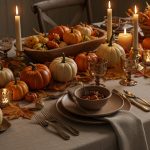 A beautifully arranged Thanksgiving table featuring autumn-themed decorations, pumpkins, and fall foliage.