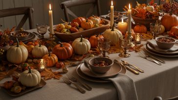 A beautifully arranged Thanksgiving table featuring autumn-themed decorations, pumpkins, and fall foliage.