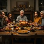 Smiling family gathered around a Thanksgiving dinner table, sharing food and giving thanks in a warm home setting.