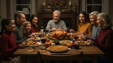 Smiling family gathered around a Thanksgiving dinner table, sharing food and giving thanks in a warm home setting.