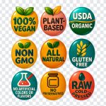 Product Label Badges, 100% Vegan Badge, Plant Based Badge, USDA Organic Badge, Gluten Free Badge, All Natural Badge, NON GMO Badge, RAW Cold Pressed Badge, No Artificial Badge, No Preservatives Badge, PNG, PNG Images, Transparent Files, png free, png file, Free PNG, png download,