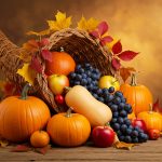Traditional Thanksgiving cornucopia filled with pumpkins, squash, apples, and autumn harvest vegetables on a wooden table.