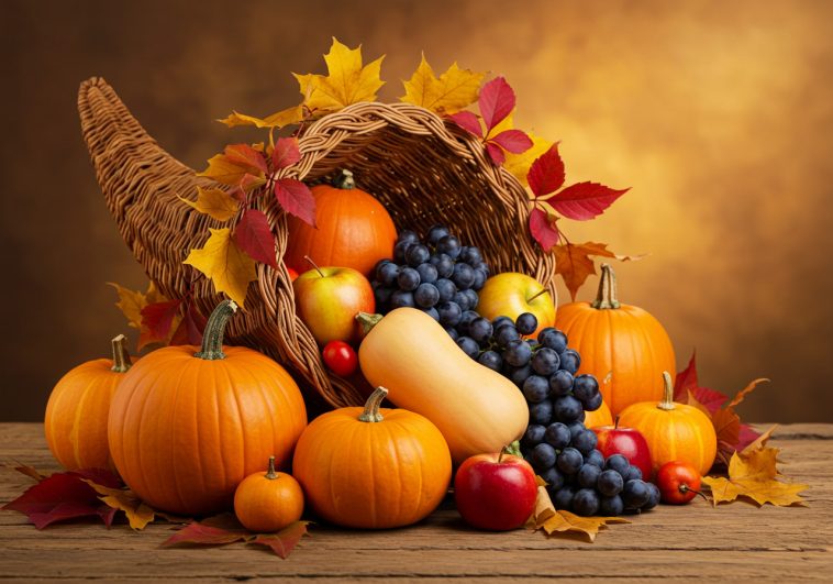 Traditional Thanksgiving cornucopia filled with pumpkins, squash, apples, and autumn harvest vegetables on a wooden table.