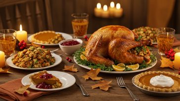 Roast turkey served on a festive Thanksgiving dinner table with stuffing, sides, and autumn-themed decorations.
