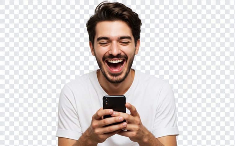 Laughing at Mobile, A Guy Laughing, A Guy Laughing looking at Mobile PNG, Laughing PNG, PNG, PNG Images, Transparent PNG Images, png free, png file, Free PNG, png download,