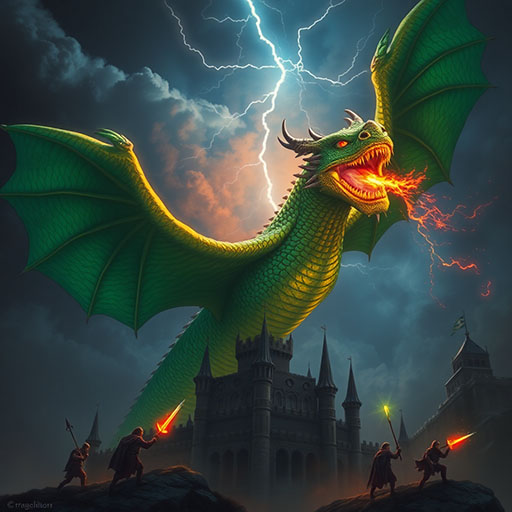 AI generated fantasy art illustration Dragon fantasy art with emerald scales flying over a medieval castle at night, breathing fire with lightning and glowing soldiers below, epic high-detail digital painting created with Freebiehive Free AI Image Generator