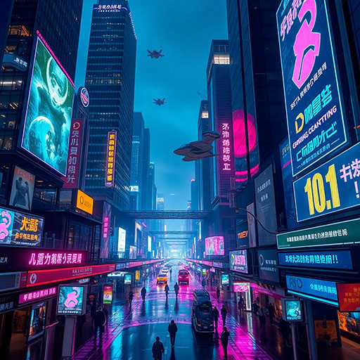 AI generated futuristic city artwork Futuristic cityscape at night with glowing neon lights, holographic billboards, flying cars, illuminated sky bridges, bustling pedestrians and robots, cinematic cyberpunk ultra-detailed 8K digital art created with Freebiehive Free AI Image Generator