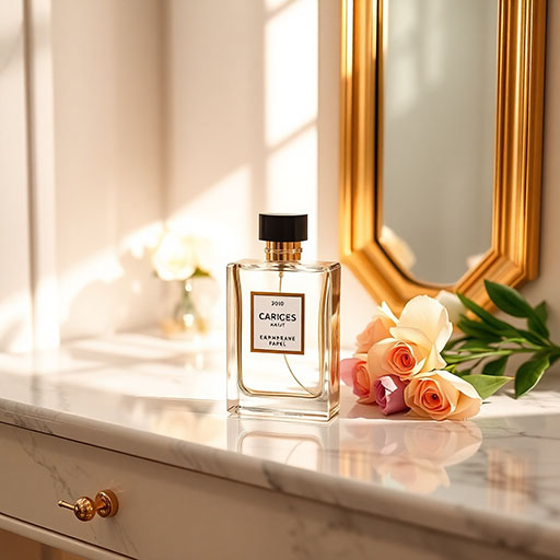AI generated product mockup Perfume bottle mockup on marble vanity with fresh flowers and gold mirror, warm sunlight, soft shadows, ultra-realistic luxurious product showcase for social media or ecommerce created with Freebiehive Free AI Image Generator