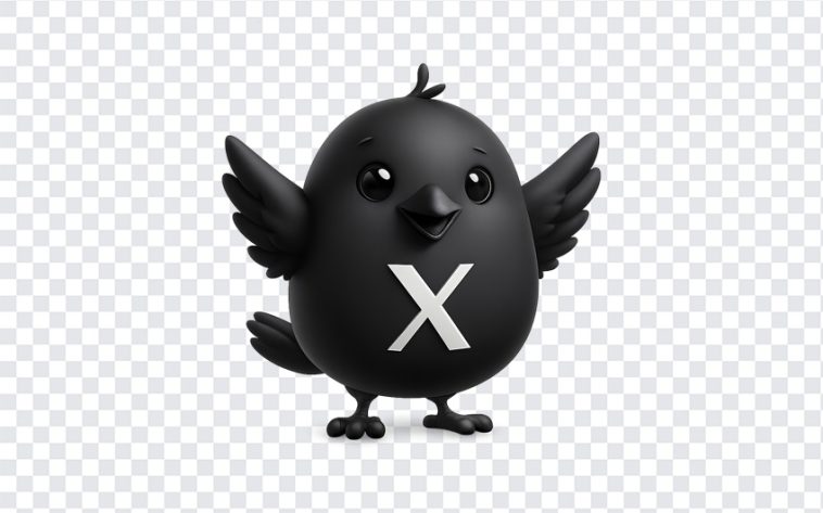 3D black bird with Twitter X logo on a transparent background