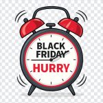 Cartoon alarm clock with 'Black Friday Hurry' text on a transparent background