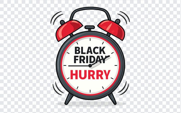Cartoon alarm clock with 'Black Friday Hurry' text on a transparent background