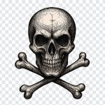 Creepy skull and crossbones illustration with a dark aesthetic on a transparent background
