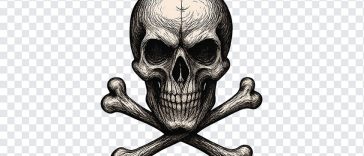 Creepy skull and crossbones illustration with a dark aesthetic on a transparent background