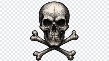 Creepy skull and crossbones illustration with a dark aesthetic on a transparent background