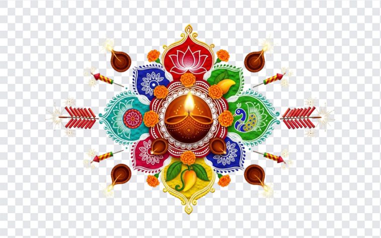 Colorful Divali artwork featuring traditional motifs and vibrant patterns on transparent background