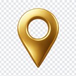 Golden location pin icon with a shiny finish isolated on transparent background