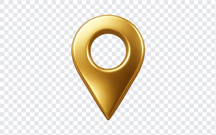 Golden location pin icon with a shiny finish isolated on transparent background