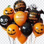 Colorful Halloween balloons in various shapes and designs isolated on transparent background