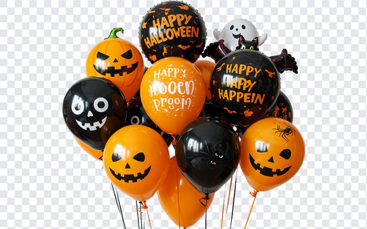 Colorful Halloween balloons in various shapes and designs isolated on transparent background