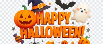 Colorful Halloween decorations with pumpkins and ghosts on a transparent background