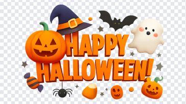 Colorful Halloween decorations with pumpkins and ghosts on a transparent background