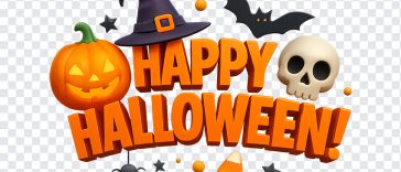 Happy Halloween text design in spooky font with decorative elements on transparent background