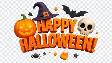 Happy Halloween text design in spooky font with decorative elements on transparent background