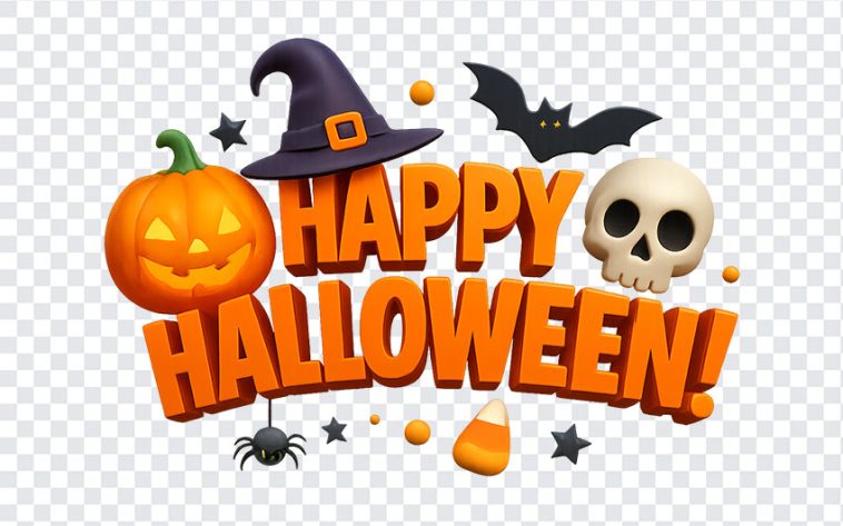 Happy Halloween text design in spooky font with decorative elements on transparent background
