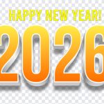 Festive Happy New Year 2026 text design with colorful fireworks on transparent background