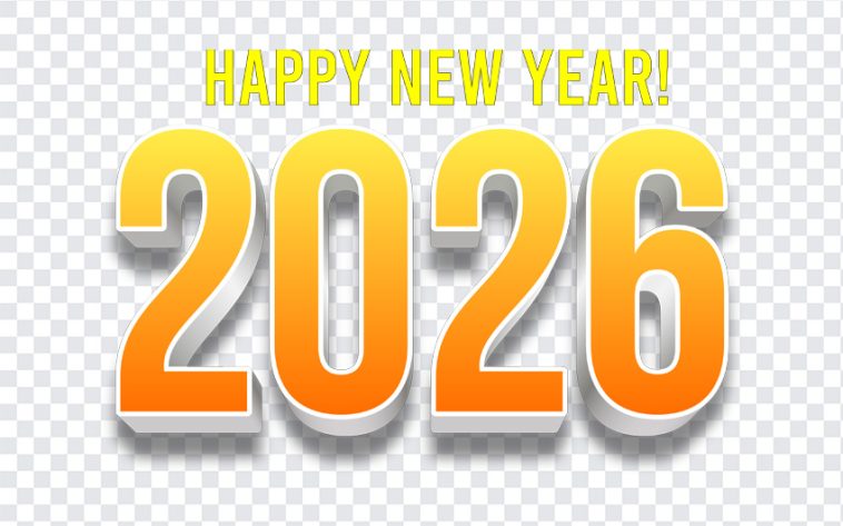 Festive Happy New Year 2026 text design with colorful fireworks on transparent background