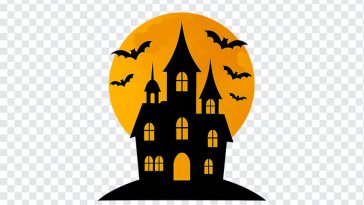 Spooky haunted house silhouette with bats flying around on a transparent background