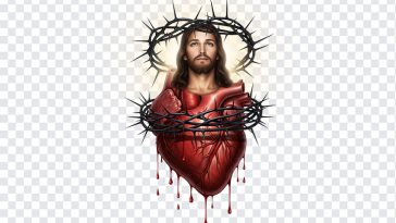 Jesus Christ figure with a heart symbol in a warm, inviting style on a transparent background
