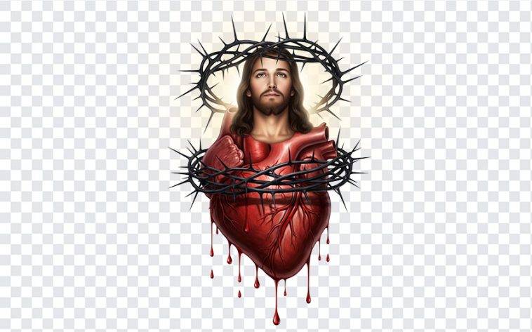 Jesus Christ figure with a heart symbol in a warm, inviting style on a transparent background