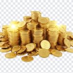 Shiny Lakshmi gold coins stacked on a transparent background, symbolizing wealth and prosperity