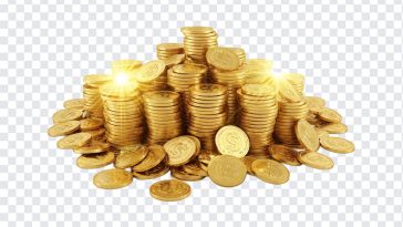 Shiny Lakshmi gold coins stacked on a transparent background, symbolizing wealth and prosperity