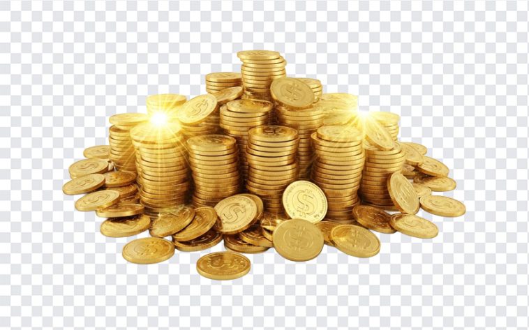 Shiny Lakshmi gold coins stacked on a transparent background, symbolizing wealth and prosperity