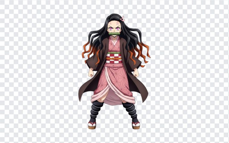 Nezuko Kamado in angry mode with fierce expression and dynamic pose on transparent background
