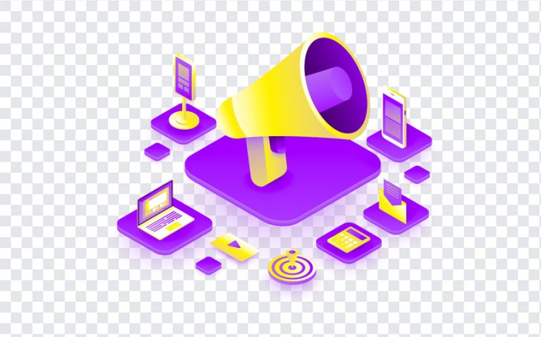 Outbound marketing concept with megaphone and digital elements on transparent background