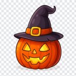 Colorful pumpkin with a witch hat isolated on transparent background