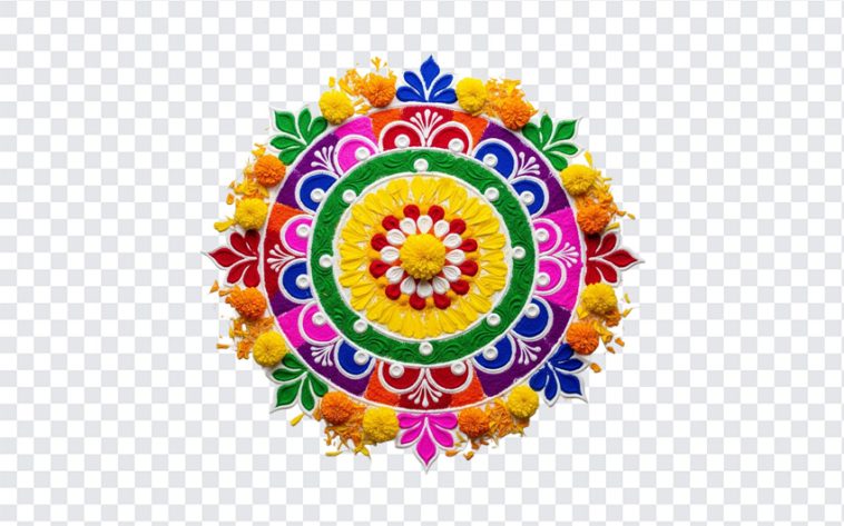 Colorful Rangoli design with intricate patterns isolated on transparent background