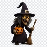Creepy Halloween witch character with a broomstick and spooky attire on transparent background