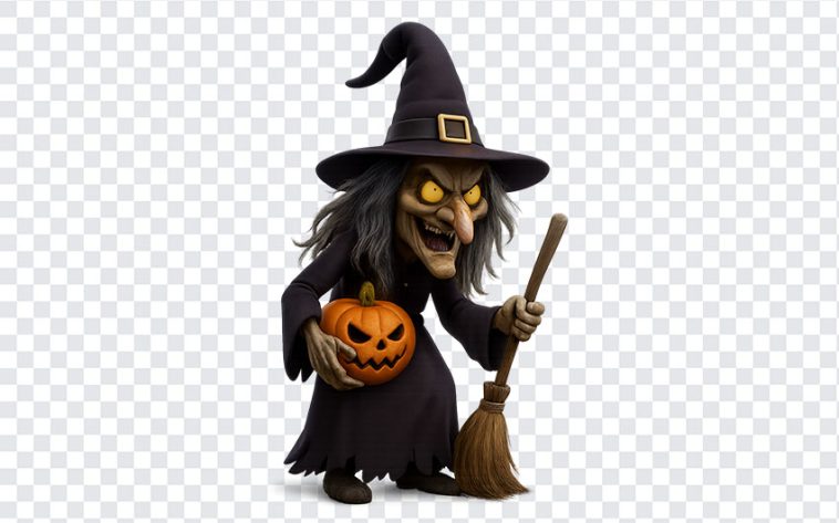 Creepy Halloween witch character with a broomstick and spooky attire on transparent background